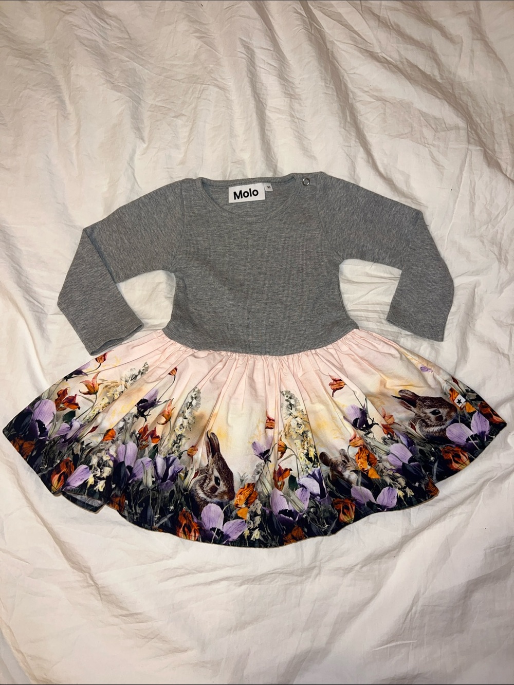 Molo Grey Top Dress with Pastel Floral & Bunny Skirt